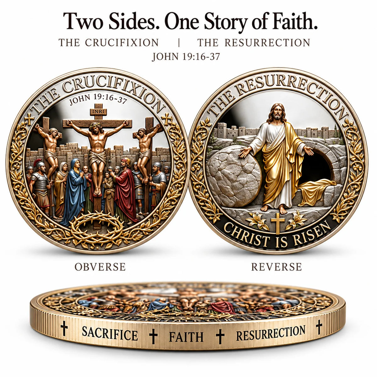 Crucifixion & Resurrection Commemorative Coin, Christian Faith Keepsake Celebrating Sacrifice, Hope & the Risen Christ