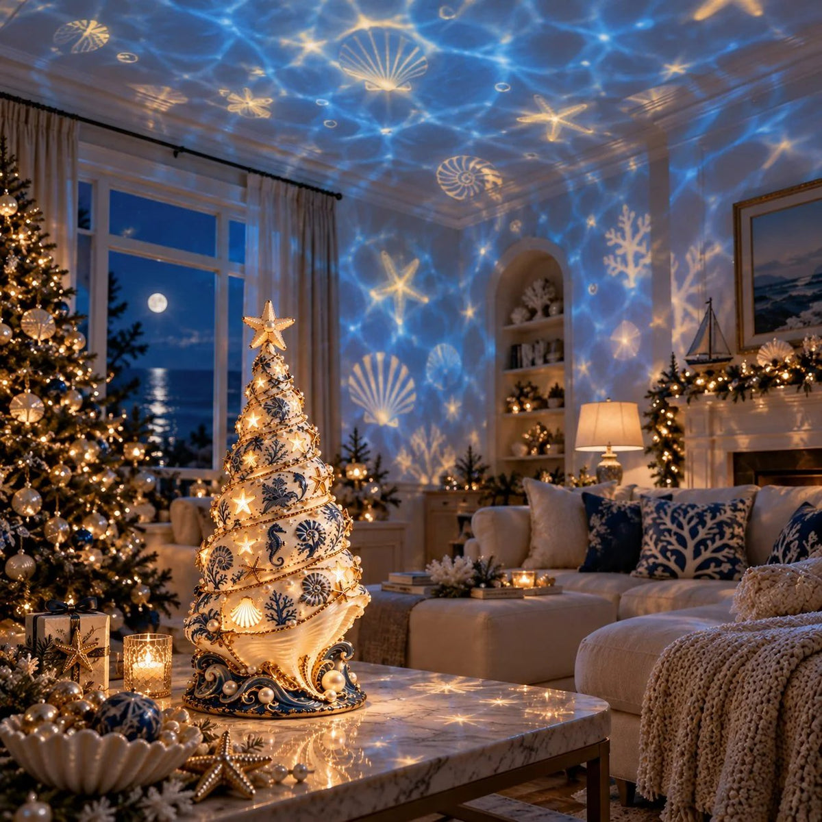 🌊 Coastal-Style “Christmas Tree Made of Shells” Projection Lamp ✨