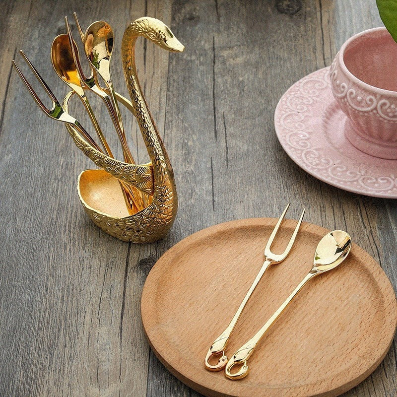 7pcs Swan Base Holder Fruit Forks Set Salad Dessert Tools Tableware