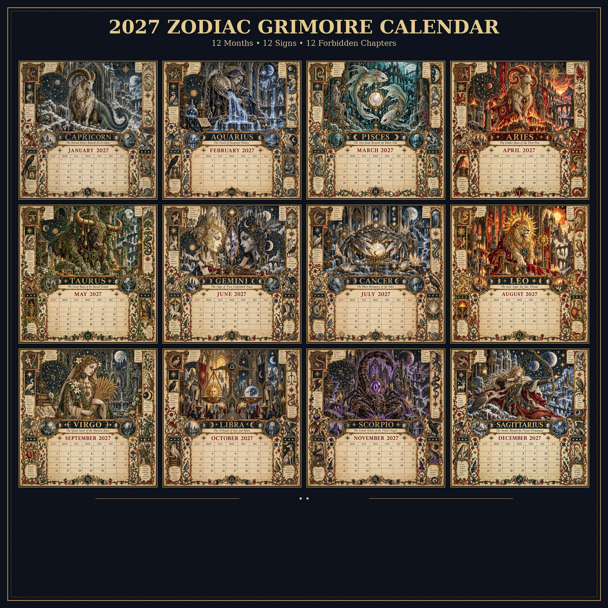 🔮 2027 Zodiac Grimoire Desk Calendar | 12 Medieval-Inspired Zodiac Artworks for Astrology & Gothic Art Lovers ✨