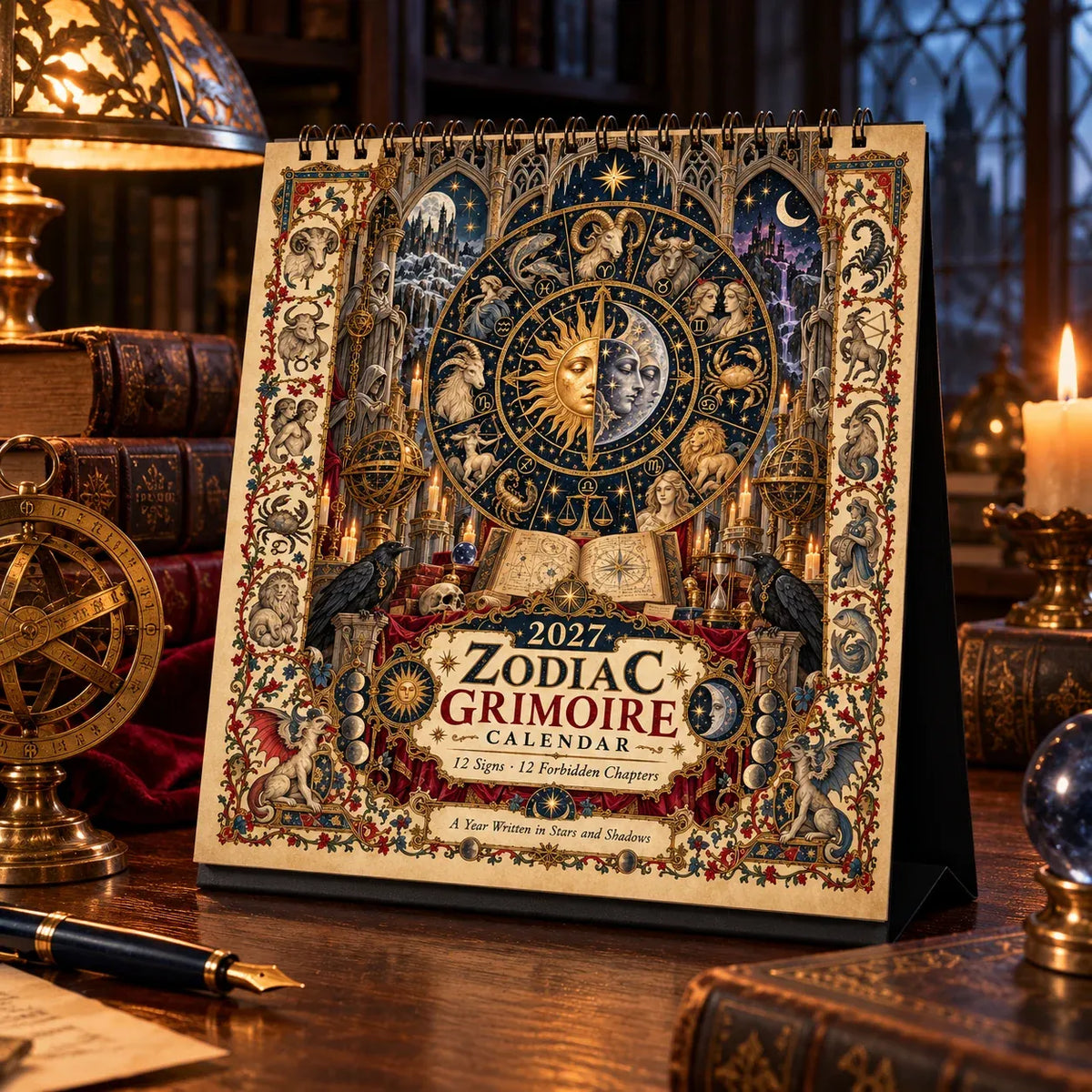 🔮 2027 Zodiac Grimoire Desk Calendar | 12 Medieval-Inspired Zodiac Artworks for Astrology & Gothic Art Lovers ✨