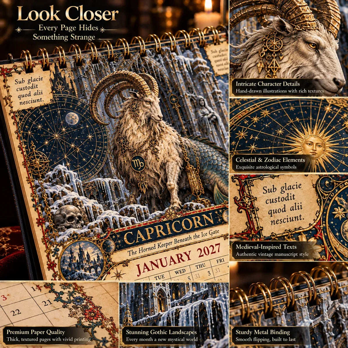 🔮 2027 Zodiac Grimoire Desk Calendar | 12 Medieval-Inspired Zodiac Artworks for Astrology & Gothic Art Lovers ✨